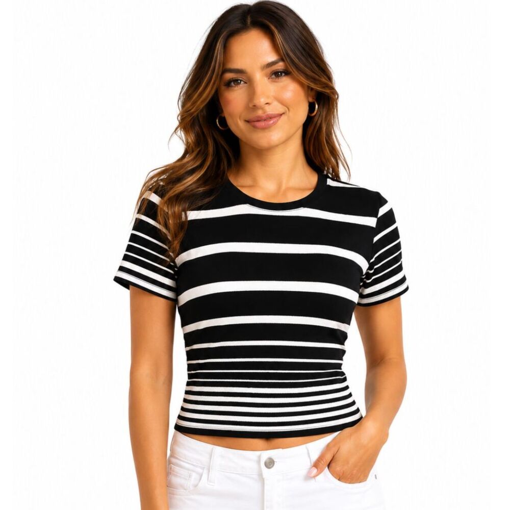 BAR III Women's Black Striped Cap Sleeve Jewel Neck Crop Top Size M